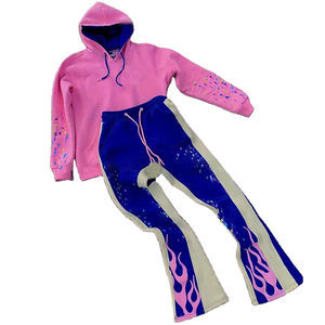 400gsm Applique Patches Broderie Rhinestone Acid Wash Sun Faded Flared Sweatsuit Raw Hem Hoodie Sweatpants Set Tracksuit Men - Product Image 4