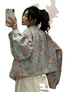 Blouson aviateur imprimé vintage pour femmes manteau d'hiver en denim bleu col mandarin vêtements d'extérieur respirants et écologiques - Product Image 5