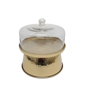 Iron Cake Stand With <b>Glass</b> <b>Dome</b> Rice Hammered Brass Gold Colour for Wedding Events and Birthday Events - Product Image 1