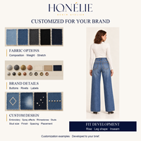 Jean large taille haute clouté pour femme, denim bleu moyen vintage, longueur intégrale, OEM ODM, marque privée, coupe personnalisée, lavage, vente en gros