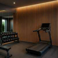 Panneaux muraux en bois acoustique finition Sapele, panneaux absorbants le son Akupanel pour la décoration intérieure de hall d'hôtel de luxe