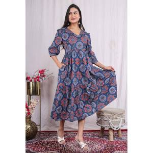Vestido de iglesia de algodón puro para mujer, vestido acampanado, estampado de bloque de mano, verano, carrera, oficina, ocasiones formales, elegante, para mujer - Product Image 1