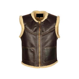 <b>Mens</b> Collarless Brown <b>Leather</b> <b>Vest</b> - Real Sheep Skin Shearling Waistcoat - Casual Sleeveless Jackets Winter Waistcoat - Unisex - Product Image 1