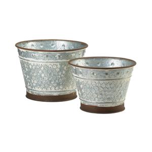 Pots à plantes en métal galvanisé rustique vintage, seaux à fleurs en zinc embossé avec bordure en cuivre, contenants de jardin décoratifs de style fermier - Product Image 1
