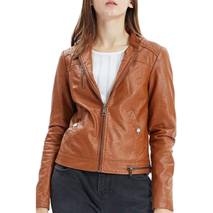 Nouveau style Vente en gros de vestes en simili cuir de grande taille bon marché pour femmes Veste courte de moto zippée Vêtements d'extérieur de motard en cuir artificiel ajusté Manteau mince - Product Image 5