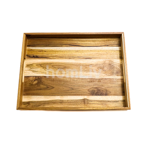 Plateau de service rectangulaire en bois de teck naturel avec poignées découpées, plateau décoratif halal pour restaurant et hôtel - Product Image 4