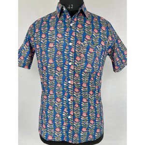 Men's Pure Cotton Summer Cool Casual Beach <b>Shirt</b> Comfortable Urban Garden Picnic Dad Gift in Blue Handblock Print Poplin Fabric - Product Image 1