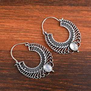 Nuevos Pendientes de Aro Boho de Moda 2024, Joyería Tribal de Latón para Mujer, Acabado Plateado Oxidado, Dijes de Filigrana con Piedra Lunar, Venta al por Mayor/OEM/ODM - Product Image 5