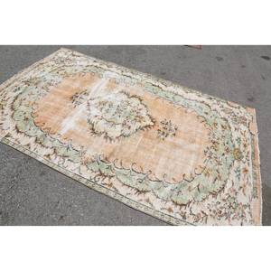 Tapis Turc Vintage 5.3 X 8.8ft Orange Vert Patchwork Laine Latex Support pour Entrée Couloir Style Abstrait 9x12 Rectangle - Product Image 2