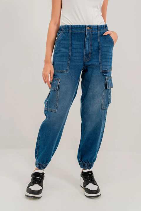 Custom Made Fashionable Denim Pants Solid Color Women Breathable High Waist Cargo Denim Pants Jeans