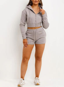 Custom Wholesale Trendy Hot selling Women 2 Piece <b>Hoodie</b> Shorts Set high quality <b>Cropped</b> <b>Zip</b> <b>Up</b> Tracksuit - Product Image 6