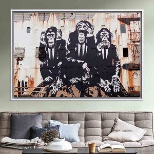 Toile imprimée Banksy Three Wise Monkeys : Décoration de style urbain, toile encadrée blanche - Product Image 1
