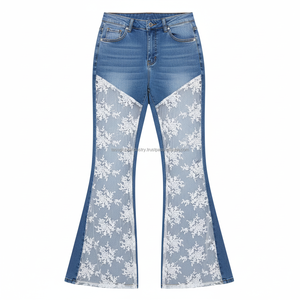 Vaqueros acampanados de cintura alta para mujer con encaje y paneles transparentes, pantalones de mezclilla de moda con parte inferior acampanada - Product Image 4
