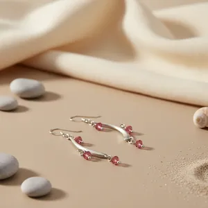 Boucles d'oreilles pendantes en argent 925 avec cristaux roses, bijoux pour femmes - Product Image 1