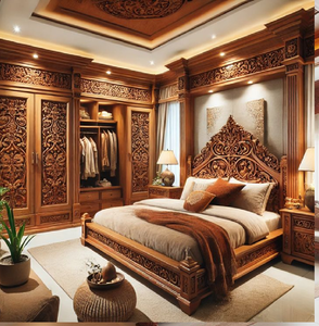 Cama exótica de madera maciza con paneles tallados a juego en toda la pared. Artesanía de primera calidad disponible a precios de mayoreo. - Product Image 4