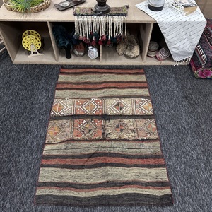 3.1x4.5 ft Rug, Vintage Turkish Rug, <b>Brown</b> Green Geometric <b>Wool</b> Rug - Product Image 1