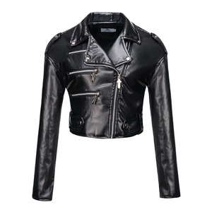 Nouvelle veste courte en faux cuir pour femmes taille haute à manches longues avec revers et fermeture éclair diagonale costume de moto pour l'hiver - Product Image 6