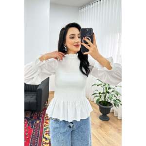 Blusa de Mujer LUSTRIN, Color Marrón, Cuello Alto Fruncido, Mezcla de Algodón, con Elegantes Detalles de Encaje, Transpirable, Informal, para Primavera - Product Image 6