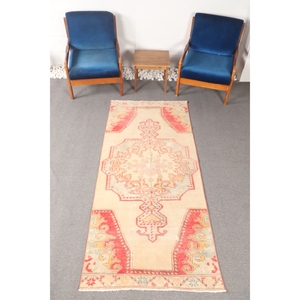 3.2x7.4 ft Vintage <b>Rug</b>, Turkish <b>Small</b> <b>Rug</b>, Beige Red Geometric <b>Rug</b> - Product Image 1
