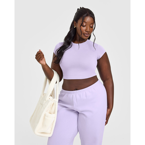 Precio de fábrica lavanda púrpura algodón Mujer camiseta Casual ligero transpirable elegante diseñador relajado ajuste gimnasio entrenamiento camiseta - Product Image 6