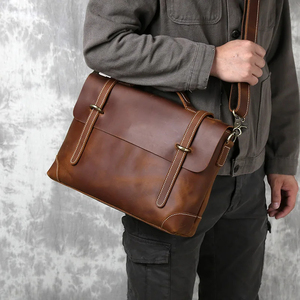 Classic Leather Laptop Messenger with Shoulder Strap Durable Zipper Closure Protective Office Bag Brown - Product Image 4