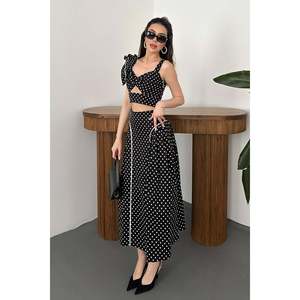 Black Low-Cut Ruffled Blouse and Skirt <b>Set</b> - Black - Product Image 2