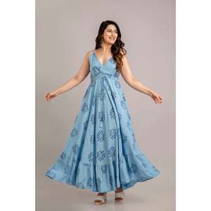 Robe longue évasée sans manches à imprimé floral bleu turquoise - SHKUP1366 Taille élastique XS Respirante pour les journées d'été à la plage - Product Image 5