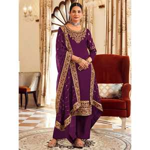 Precioso Traje Salwar Bordado en Vichitra Morado, Traje de Fiesta para Mujer - Product Image 1