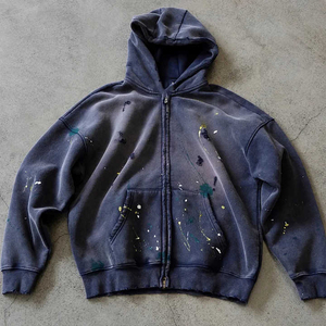 2026 Haute Qualité Mode Urbaine Française Vintage Hiver 100% Coton Polaire Délavé Effet Vieilli Épais à Capuche Double Fermeture Éclair Unisexe - Product Image 3