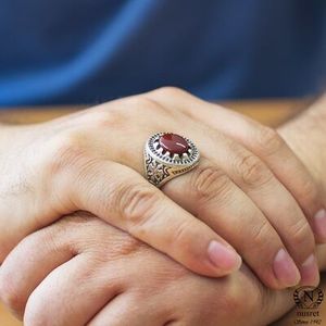 Bague pour homme en argent sterling 925 avec pierre d'agate naturelle, sertissage ovale, motif géométrique, bijoux fins pour un usage quotidien - Product Image 1