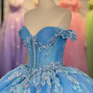 6762 Robes de soirée élégantes bleues à épaules dénudées avec motif floral pour les fêtes - Product Image 5