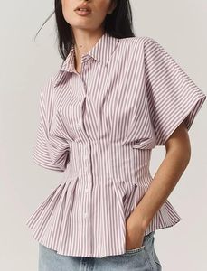 Camisa plisada con botones a rayas para mujer, blusa informal de verano de manga corta con peplum 2025 - Product Image 5