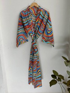 100% coton arc-en-ciel Satin Kimono Robe Maxi Robe excellente qualité naturel longueur au sol à volants décoration prix de gros - Product Image 2