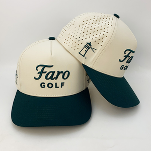 Gorra de Golf Impermeable de 5 Paneles, Alta Calidad, Beige Verde, Logotipo Bordado en 3D Personalizado, Gorra de Béisbol Clásica con Orificios Cortados con Láser, Dos Tonos - Product Image 3
