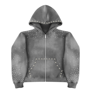 Sweat à capuche homme en molleton épais polyester/coton respirant à séchage rapide pour l'hiver, avec logo personnalisé, délavage acide, strass et rivets intégrés - Product Image 1