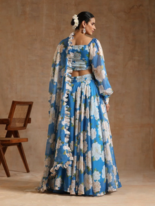Conjunto de Lehenga con Estampado Floral Azul y Dupatta con Volantes, Atuendo Elegante para Bodas y Fiestas, Diseño Premium para Mujer - Product Image 5