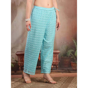 Pantalon palazzo évasé rose en coton pour femme, motif floral, taille haute/basse, respirant, décontracté et élégant - Product Image 5
