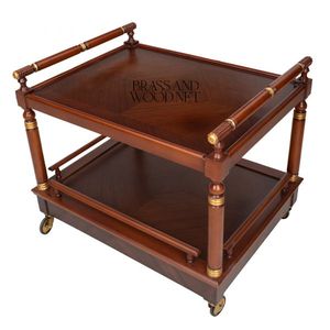 Chariot à thé classique en bois avec détails en laiton, chariot de service sur roulettes - Product Image 2