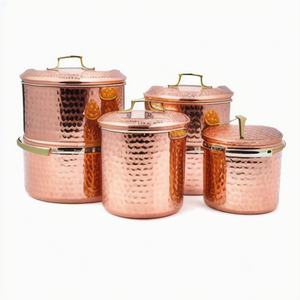 Olla de cobre hecha a mano estilo indio único grabado superficie pulida acabado mate forma de cilindro almacenamiento para tapa de rosca de cocina - Product Image 1