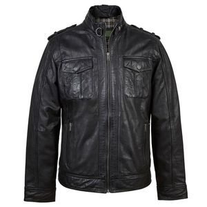 เสื้อแจ็กเก็ตหนังสีดำสำหรับผู้ชายปกเสื้อแจ็กเก็ตหนังแกะลายสำคัญ - Product Image 1
