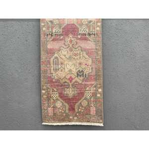 Turkish Vintage Traditional Rug Eco Friendly Latex Backing 1.5x2.8 ft Small <b>Red</b> Patchwork <b>Wool</b> Rug - Product Image 1