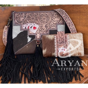 Bolso de cuero de vaca hecho a mano, bandolera con flecos occidentales, monedero de ases, conjunto de cartera plegable con flores de cuero para mujer - Product Image 1