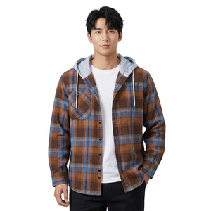 Chemise en flanelle à carreaux pour homme, à capuche, manches longues, boutonnée, coupe décontractée, pour le printemps, motif orange et bleu, tissu tricoté - Product Image 2