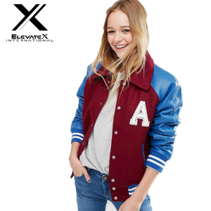 ELEVATEX INTERNATIONAL Women's Varsity Jacket Maroon Blue PU Leather Sleeves Letter A Embroidered Front Turn-down Collar - Product Image 1