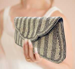 Metallic <b>Silver</b> Striped Seed Bead Crossbody <b>Clutch</b> - Product Image 2