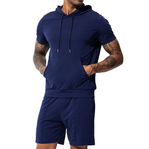 2024 nouveau deux pièces automne Sport tenues Joggers survêtement hommes Streetwear à manches courtes vêtements de sport à capuche Shorts grande taille genou - Product Image 4