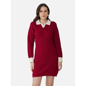 Vestido de punto de gofres informal de negocios para mujer, tela transpirable de alta calidad, cuello blanco nítido, botones, puños a juego, oficina, otoño - Product Image 5