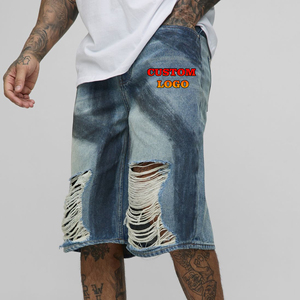 Pantalones Cortos Largos lavados y sucios de talla grande hechos a medida, pantalones cortos vaqueros rasgados con logotipo bordado personalizado para hombre - Product Image 1