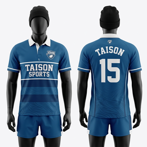 Maillot de rugby pour homme, haute qualité, tissu polyester 210 GSM, respirant et anti-humidité, gris, bleu marine, panneaux rayés blancs, logo personnalisé imprimé. - Product Image 2