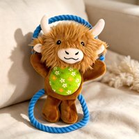 Jouet pour chien en peluche vache des Highlands avec anneaux en corde de coton, jouet interactif à tirer et couineur en peluche douce pour chiens de petite et moyenne taille